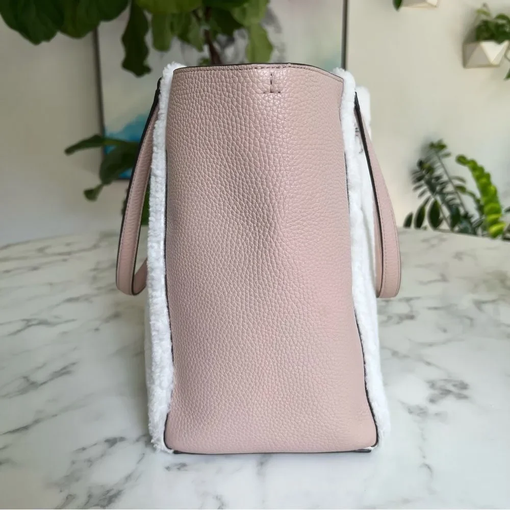 Tory Burch McGraw Shearling Fleece Fur & Leather Tote Bag Sand Beige Pink Ivory